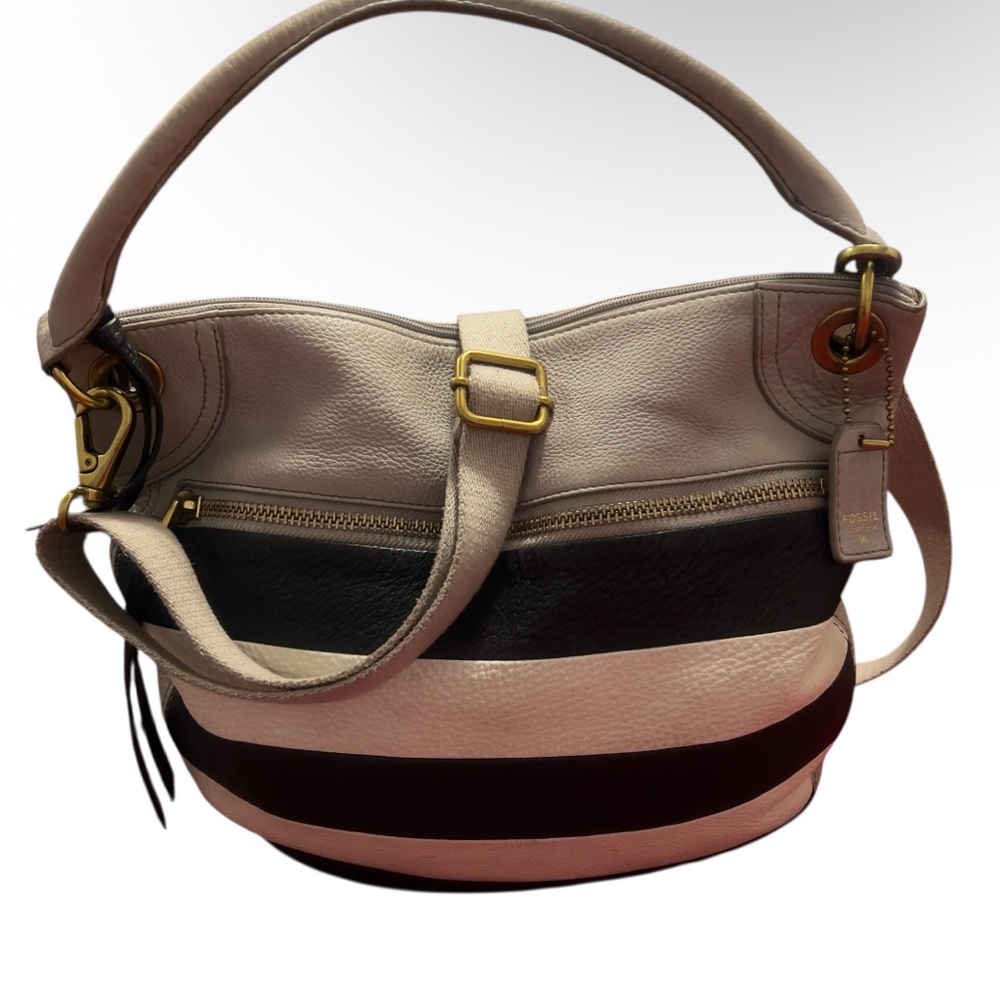 Fossil Karli Striped Leather Hobo Shoulder Bag Gray Black White Crossbody Strap
